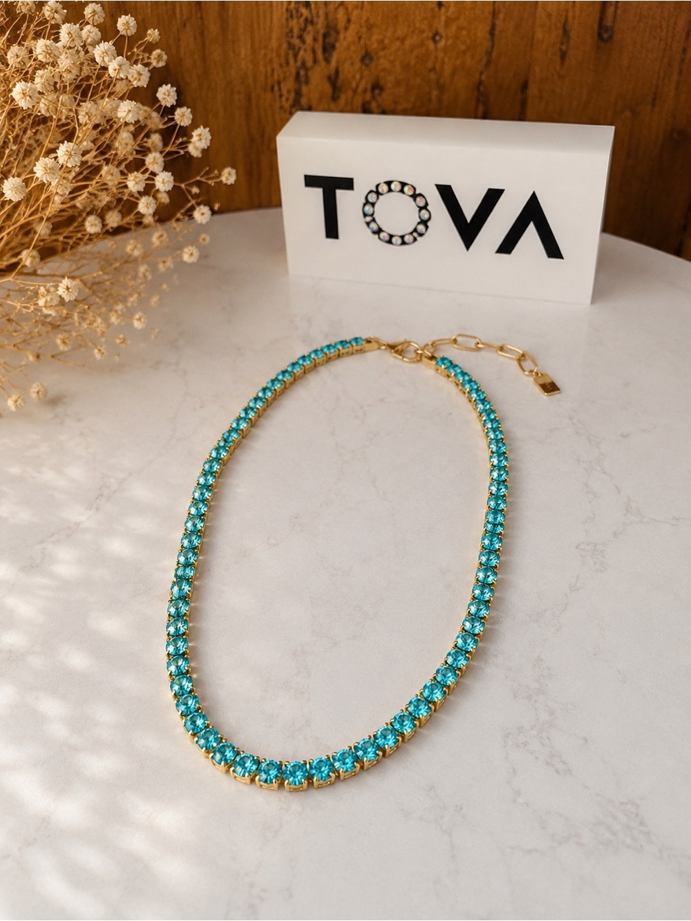 TOVA Aqua Crystal Tennis Necklace | Gold Tone| Convertible | Timeless Classic